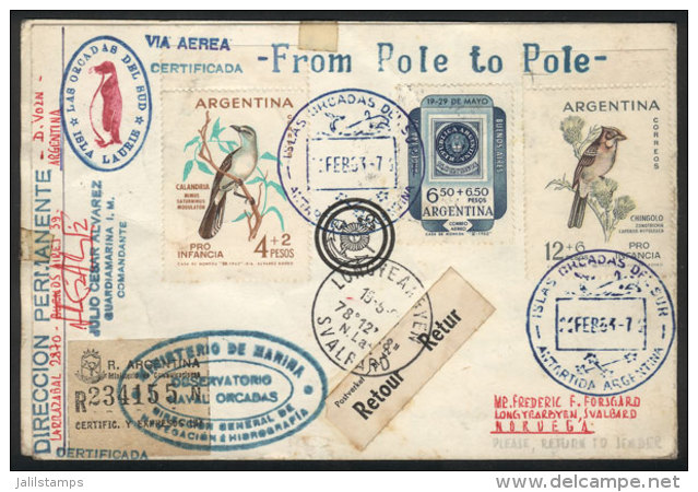 MAIL SENT FROM SOUTH POLE TO NORTH POLE: Card Sent From Islas Orcadas Del Sur To LONGYEARBYEN (Norway) On... - Autres & Non Classés