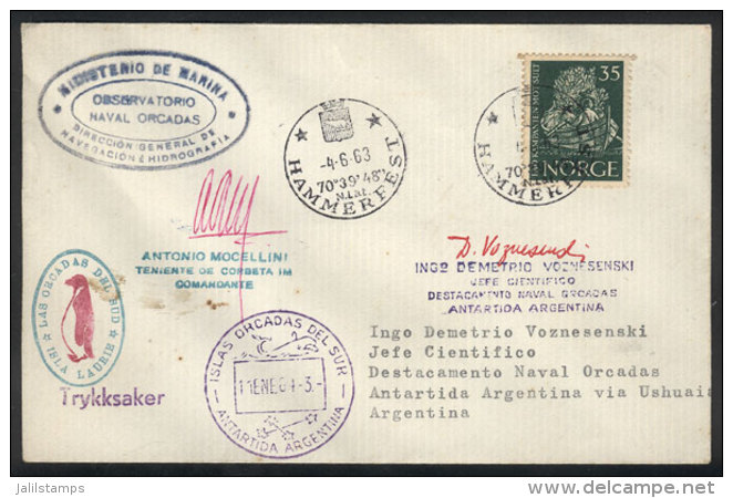 Cover Sent From NORWAY To Destacamento Naval Orcadas On 4/JUN/1963, With Transit Mark Of Ushuaia For 25/JUL (back)... - Altri & Non Classificati