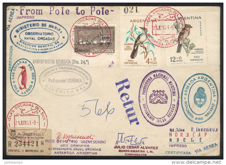 MAIL SENT FROM SOUTH POLE TO NORTH POLE: Cover Sent From Islas Orcadas Del Sur To NORDCAP (Norway) On 21/JUN/1963,... - Autres & Non Classés