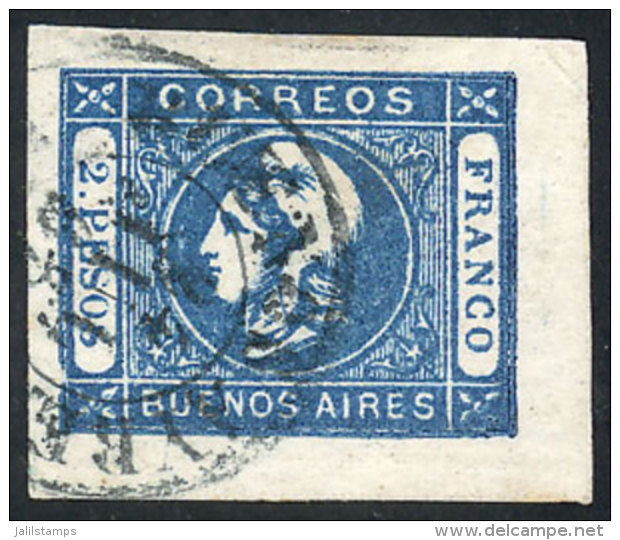 GJ.22, 2P. Blue, Fantastic Example Of Immense Margins, With Light Corner Crease, Insignificant, Beautiful! - Buenos Aires (1858-1864)