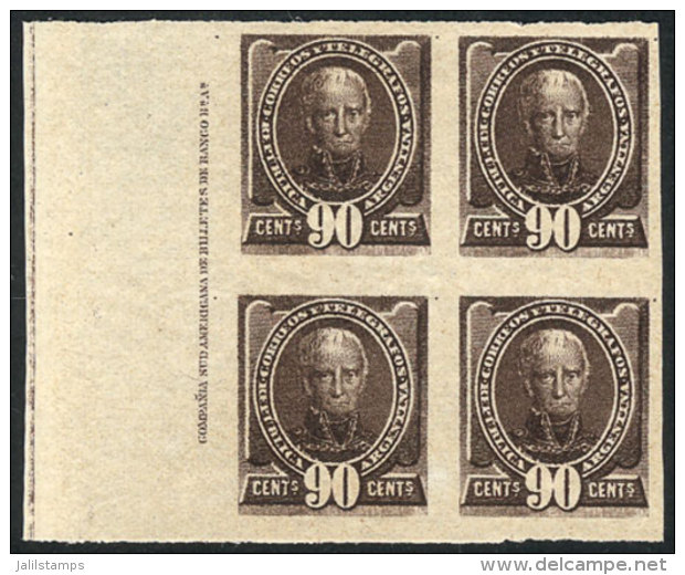 Year 1889, Unadopted Essay Of A Stamp Of 90c. Saavedra (for The Sudamericana Issue), Block Of 4 In Dark Brown,... - Autres & Non Classés