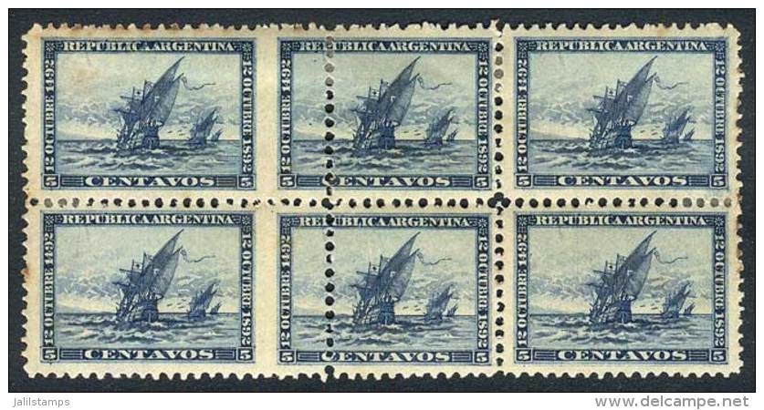 GJ.136, 1892 5c. Columbus Ships, Block Of 6 With Vertical Perforation Strongly Shifted Between The First And Second... - Sonstige & Ohne Zuordnung