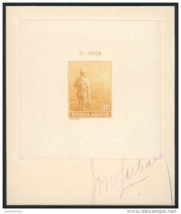 GJ.318, 1911 12c. Plowman, DIE PROOF In Orange, Printed On Thin Paper Mounted On Card, Signed By The Artist... - Altri & Non Classificati