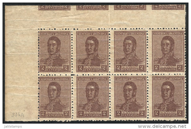 GJ.466, 1918 2c. San Mart&iacute;n, Unwatermarked, Corner Block Of 8 Stamps, With Part Of 4 Other Stamps Printed In... - Autres & Non Classés