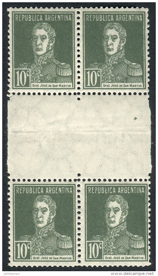 GJ.600EHB, 1924 San Mart&iacute;n W/o Period 10c., Block Of 4 With WHITE HORIZONTAL GUTTER, Excellent Quality,... - Andere & Zonder Classificatie