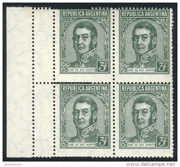 GJ.740 (Sc.422), San Mart&iacute;n 3c., Block Of 4 With VARIETY: Double Perforation Creating 2 Small Labels On The... - Autres & Non Classés