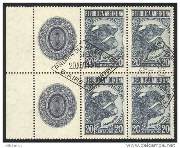 GJ.874CZ, 1942/52 Bull 20c. Imported Unsurfaced Paper (watermark Sun With Wavy Rays), Block Of 4 With Labels At... - Altri & Non Classificati