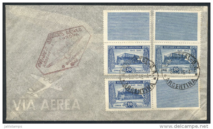 GJ.925CA + 925CD, 1945 Mausoleum Of Rivadavia 20c. With Labels At Top (2) And On The Right, On A Cover Flown On... - Altri & Non Classificati