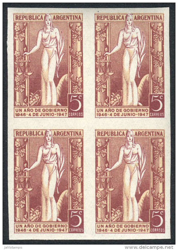 GJ.947P (Sc.565), 1947 First Anniversary Of Per&oacute;n's Administration, IMPERFORATE BLOCK OF 4, Superb, GJ... - Sonstige & Ohne Zuordnung