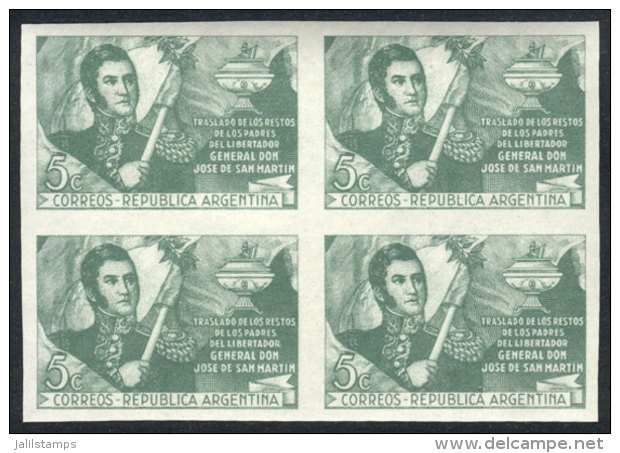 GJ.951P (Sc.569), 1947 San Mart&iacute;n W/o Watermark, IMPERFORATE BLOCK OF 4, Superb, GJ Catalog Value US$40. - Autres & Non Classés