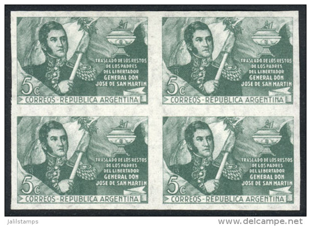 GJ.952P (Sc.570), 1947 San Mart&iacute;n With Watermark, IMPERFORATE BLOCK OF 4, Superb, GJ Catalog Value US$40. - Sonstige & Ohne Zuordnung