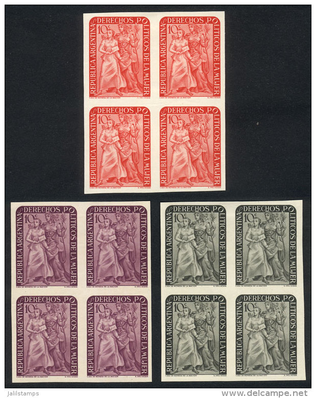 GJ.1001 (Sc.598), 1951 Women's Political Rights, 3 TRIAL COLOR PROOFS, VF Quality Blocks Of 4, Very Rare! - Autres & Non Classés