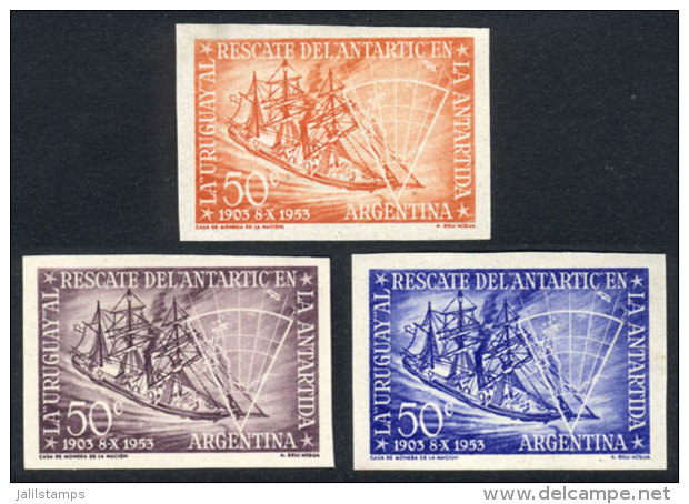 GJ.1024 (Sc.620), 1953 Corbeta Uruguay And Map Of Antarctica, 3 TRIAL COLOR PROOFS, VF Quality, Very Rare! - Altri & Non Classificati