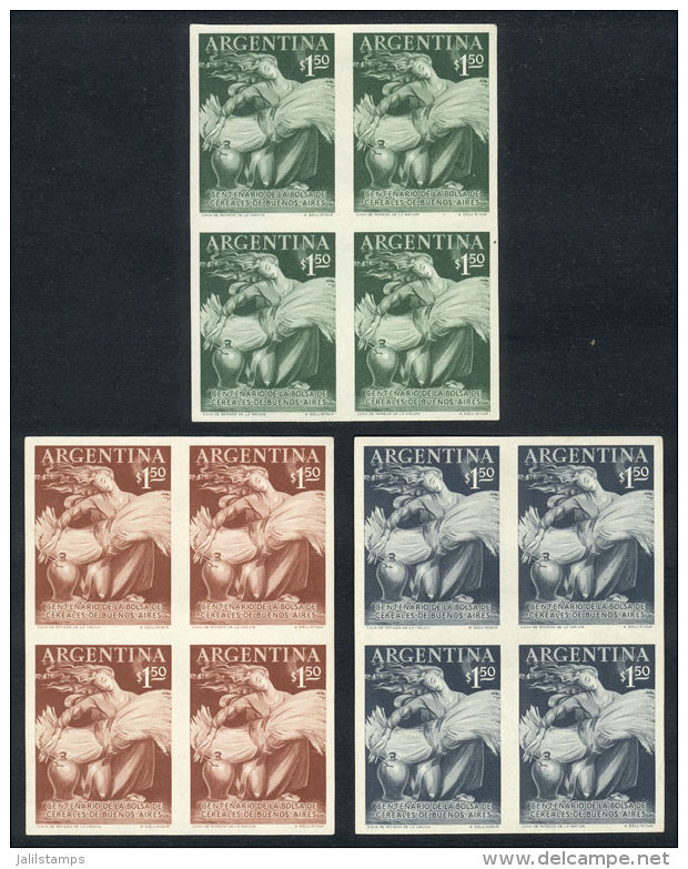 GJ.1032 (Sc.643), 1954 Buenos Aires Grain Exchange, 3 TRIAL COLOR PROOFS, Blocks Of 4 Of Very Fine Quality,... - Altri & Non Classificati