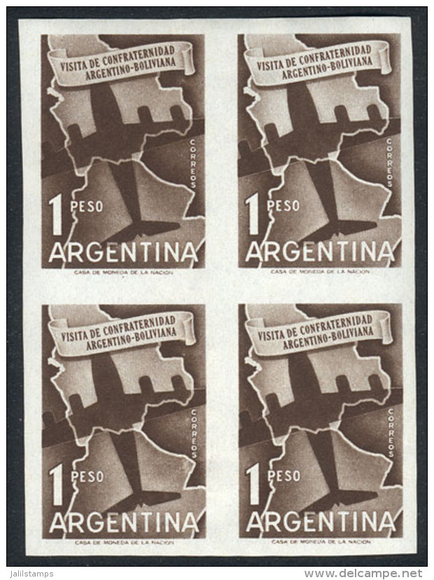 GJ.1103P (Sc.672), 1958 Airplane Flying Over Argentina And Bolivia, IMPERFORATE BLOCK OF 4, Little Defect, Very... - Altri & Non Classificati