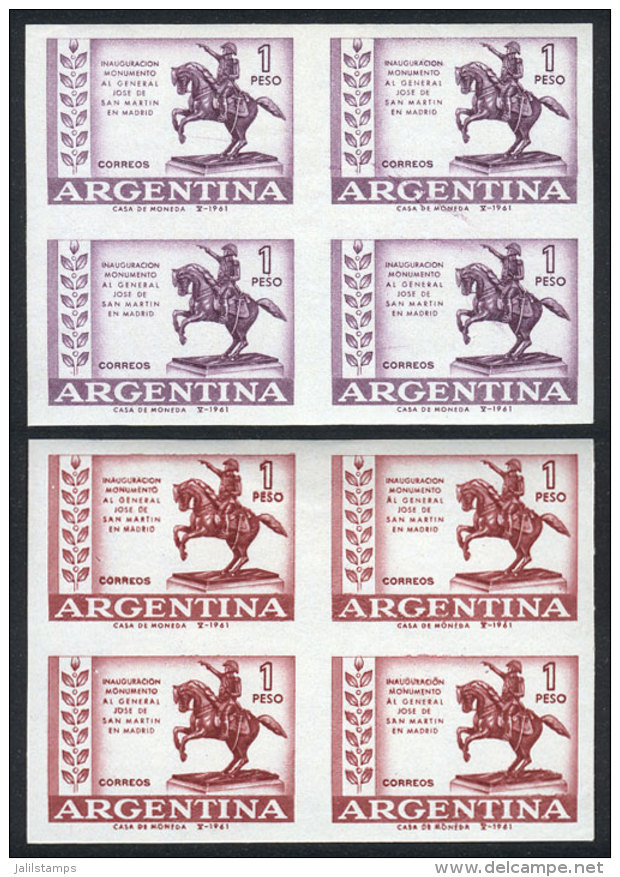 GJ.1216 (Sc.729), 1961 Statue Of San Mart&iacute;n On Horse, 2 TRIAL COLOR PROOFS, Blocks Of 4 Of VF Quality, Rare! - Sonstige & Ohne Zuordnung