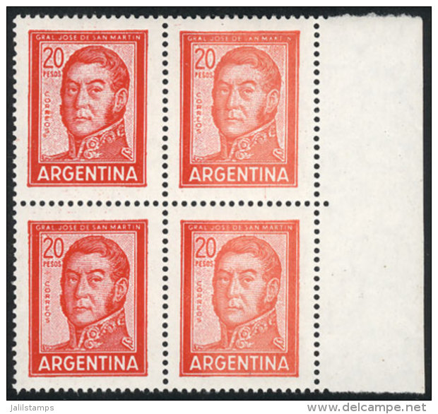 GJ.1310, 20P. San Mart&iacute;n, Block Of 4 With VARIETY: Left Stamps In Normal Color, And The Right Stamps In A... - Autres & Non Classés