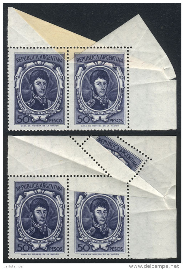 1318A, 1965/8 50P. San Mart&iacute;n Printed On National Unsurfaced Paper, Pair With Fantastic PAPER FOLD, Very... - Autres & Non Classés