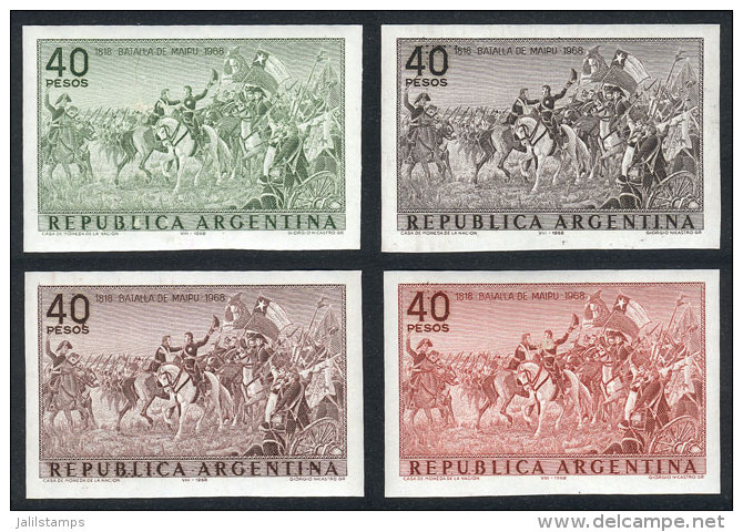 GJ.1449 (Sc.861), 1968 Battle Of Maip&uacute;, 4 Imperforate TRIAL COLOR PROOFS On Normal Paper With Gum And... - Altri & Non Classificati