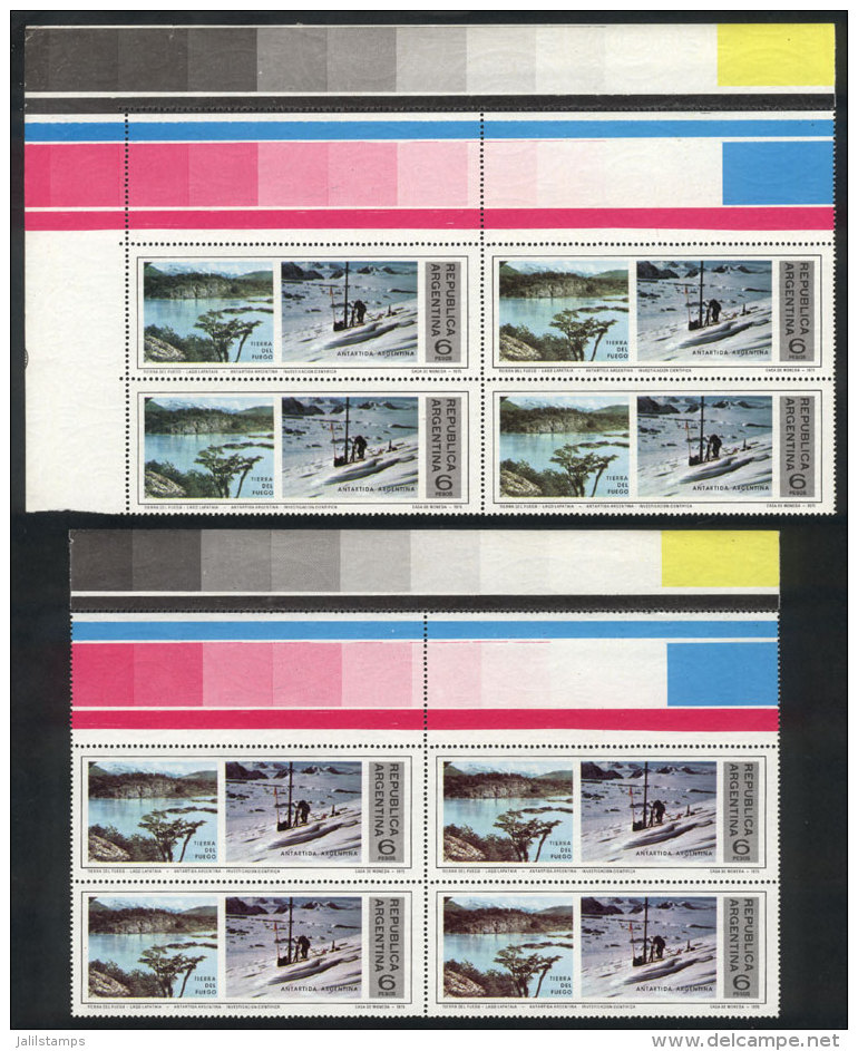 GJ.1709CA, 1975 Antarctica, 2 Blocks Of 4 With Labels At Top, VERY DIFFERENT COLORS, Interesting! - Altri & Non Classificati