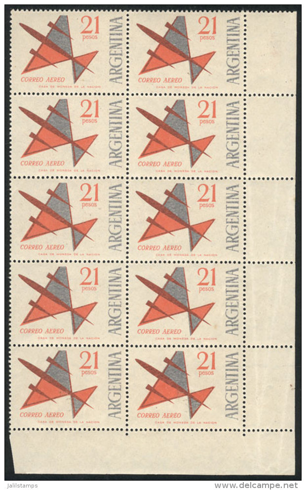 GJ.1256, 1963 21P. Stylized Airplane, Block Of 10 Stamps (lower Right Sheet Corner), Orange And Light Gray Colors... - Poste Aérienne