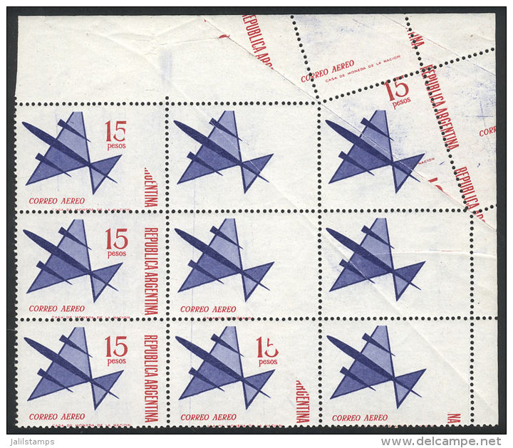 GJ.1338A, 1965 15P. Stylized Airplane, Corner Block Of 9 With Very Notable Perforation And Printing Varieties Due... - Poste Aérienne