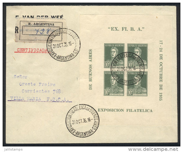 GJ.HB 1 (Sc.452), 1935 EXFIBA Philatelic Exposition, Franking A Registered Cover Sent From The Expo To Villa... - Blocchi & Foglietti