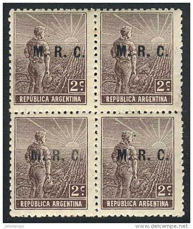 GJ.574, 1911 Plowman 2c. Overprinted M.R.C., Block Of 4, Very Fine Quality (bottom Stamps Are Unmounted), Rare,... - Servizio