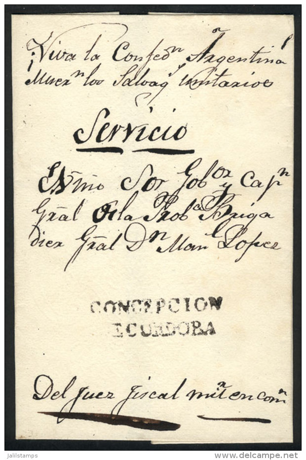 Folded Cover Used In 1840s (genuine), With A FORGED Straightline Pre-stamp Mark "CONCEPCION DE CORDOBA" In Black,... - Autres & Non Classés