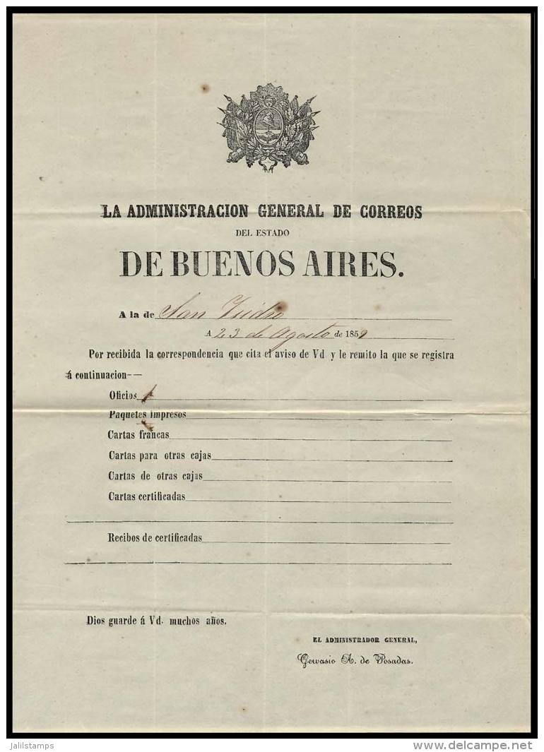 Guide Of Correspondence Sent From The General Post Office Administration Of The STATE OF BUENOS AIRES To That Of... - Altri & Non Classificati