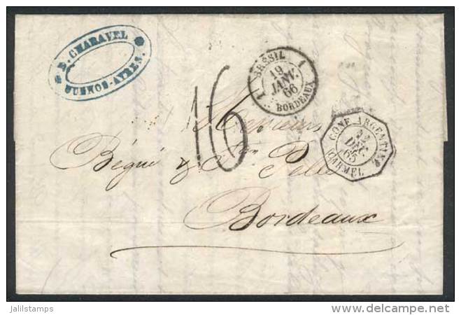 Complete Folded Letter From B.Aires (12/DE/1865) To Bordeaux (19/JA/66) To Collect, LAST JOURNEY BEFORE THE CHANGE... - Autres & Non Classés
