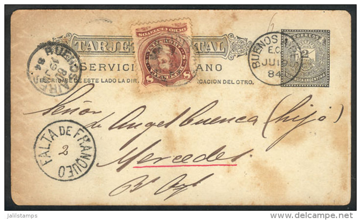 2c. Little Envelope Postal Card + 8c. Rivadavia (total 10c.), Sent From Buenos Aires To Mercedes On 19/JUN/1884,... - Altri & Non Classificati