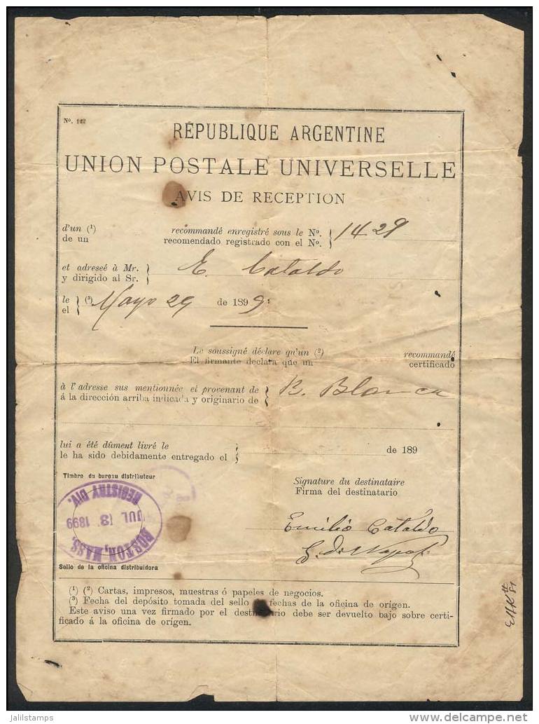 AVIS DE RECEPTION/Return Receipt Of A Registered Letter Sent From Bahia Blanca To Boston On 29/MAY/1899, Very... - Autres & Non Classés