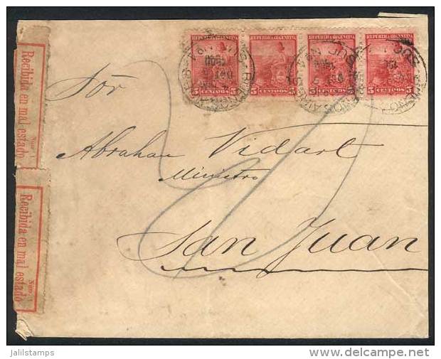 Cover Franked With GJ.222 Strip Of 4, Sent From Buenos Aires To San Juan On 5/OC/1900, With Official Seals... - Autres & Non Classés