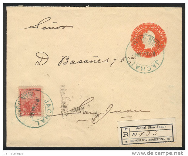 5c. Stationery Envelope + 30c. Seated Liberty (GJ.231) Sent By Registered Mail From JACHAL (blue-gren) To San Jaun... - Altri & Non Classificati