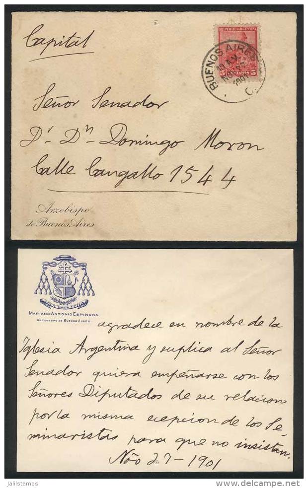 Cover Franked With GJ.222, With Printed Cachet Of The Archbishop Of Buenos Aires, Sent To Senator Domingo... - Autres & Non Classés