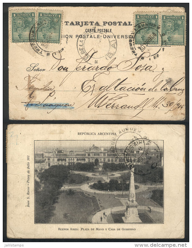 Postcard With View Of Buenos Aires Edited By Juan S. Russo (rare), Franked With 4x 1c. Seated Liberty With Cancel... - Autres & Non Classés