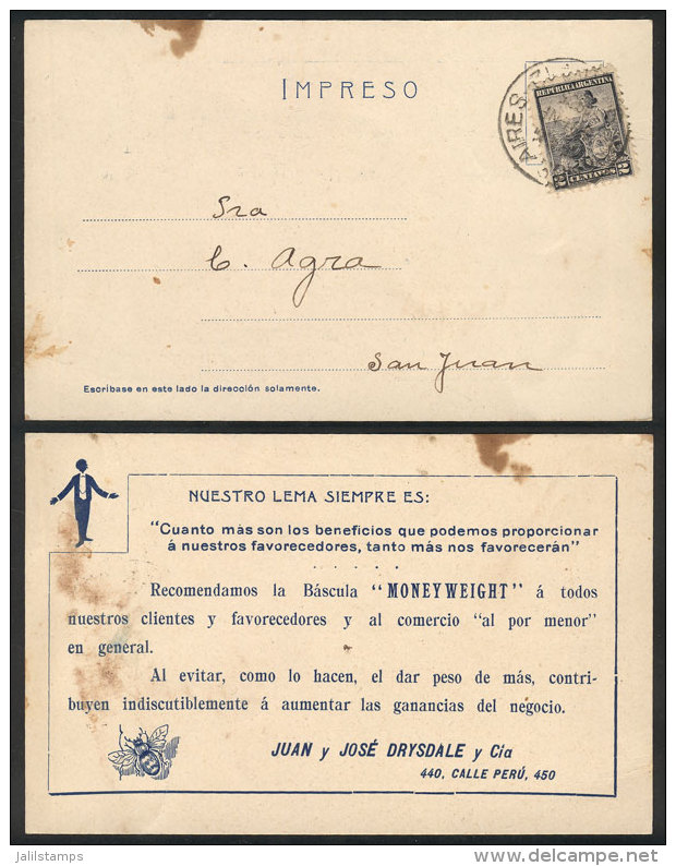 Postcard With Advertising For "Moneyweight Balances", Franked With 2c. Liberty And Sent To San Juan On 6/JA/1905,... - Altri & Non Classificati