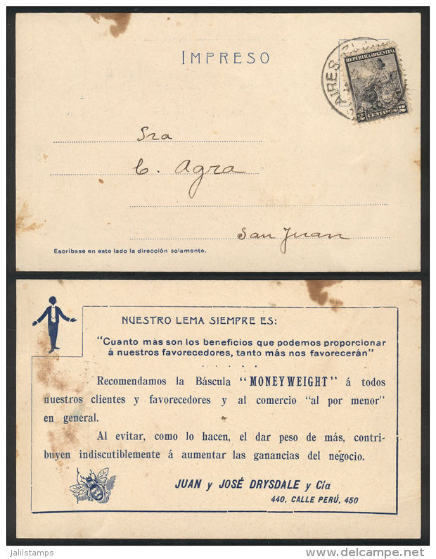 Postcard With Advertising For "Moneyweight Balances", Franked With 2c. Liberty And Sent To San Juan On 6/JA/1905,... - Other & Unclassified