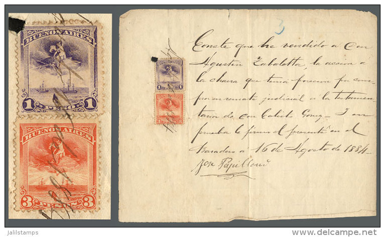 Document Of The Year 1884 With Revenue Stamps Of The Province Of Buenos Aires 1P. + 3P., Rare! - Other & Unclassified