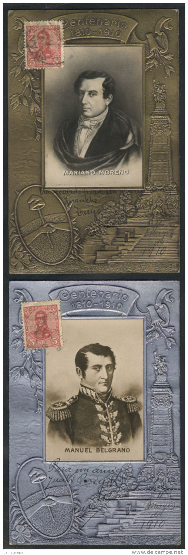Centenary Of 1810: 2 Rare PCs With Views Of Mariano Moreno And Manuel Belgrano With Embossed Details, VF Quality,... - Argentine