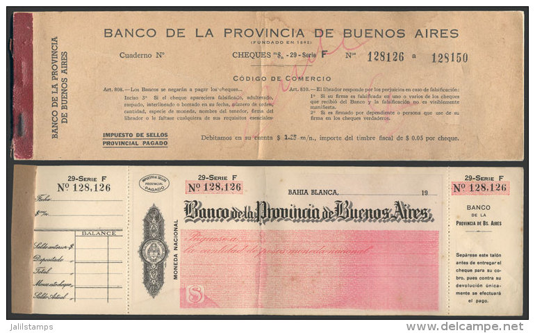 Complete Checkbook With 25 Unused Checks, Circa 1930, Banco De La Provincia De Buenos Aires, With "Impuesto De... - Assegni & Assegni Di Viaggio