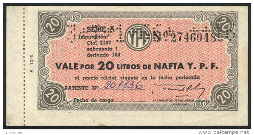 Rare "Vale Por 20 Litros De Nafta Y.P.F." (Voucher For 20 Liters Of Y.P.F. Gas ), Circa 1966, VF Quality! - Biglietti D'ingresso