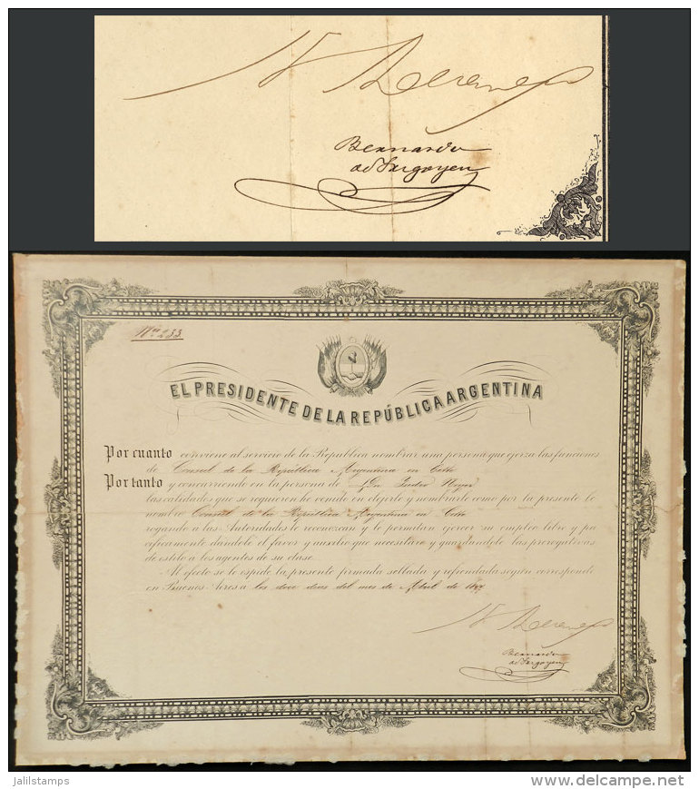 Diploma Dated 12/AP/1877 For A Consul In France, Signed By President NICOL&Aacute;S AVELLANEDA And BERNARDO DE... - Autres & Non Classés