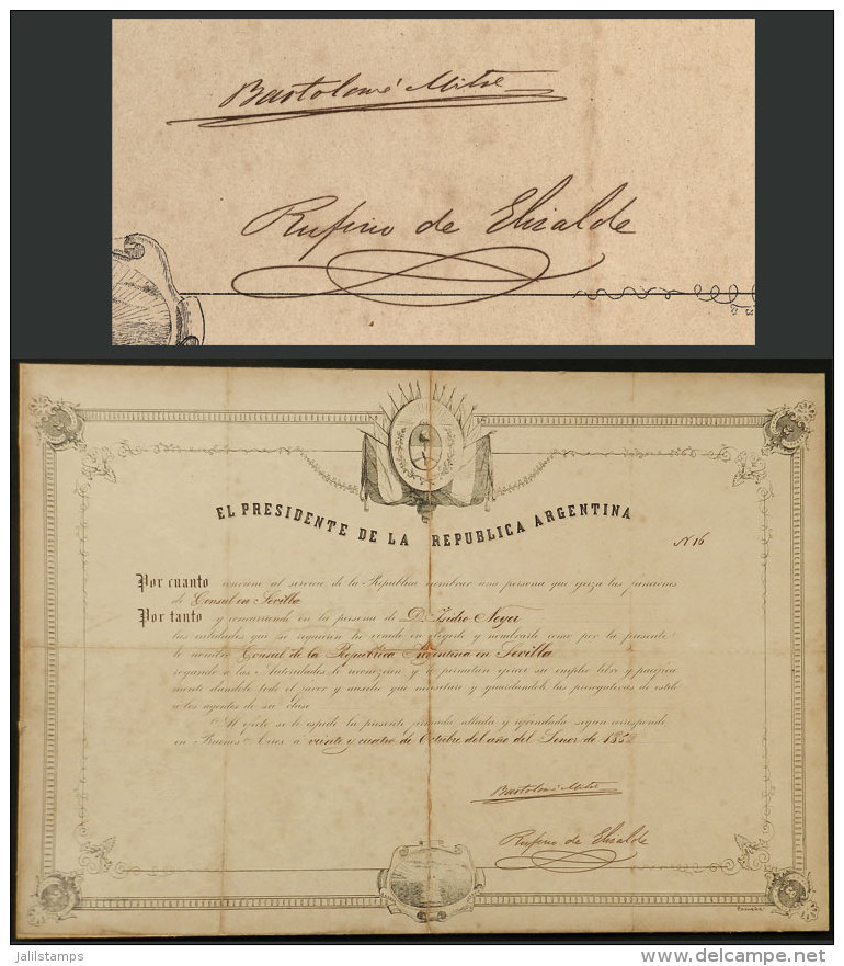 Diploma Dated 12/AP/1877 For A Consul In Spain, Signed By President BARTOLOM&Eacute; MITRE, Fine Quality, Rare! - Altri & Non Classificati