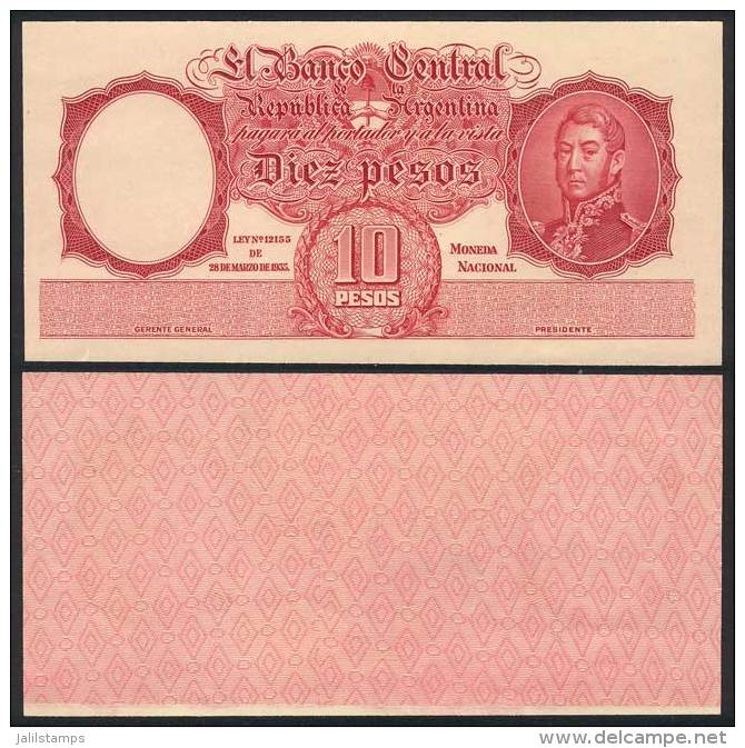 Proof Of The Front Side Of A Banknote Of 10P. Moneda Nacional, Excellent Quality, Rare! - Argentine