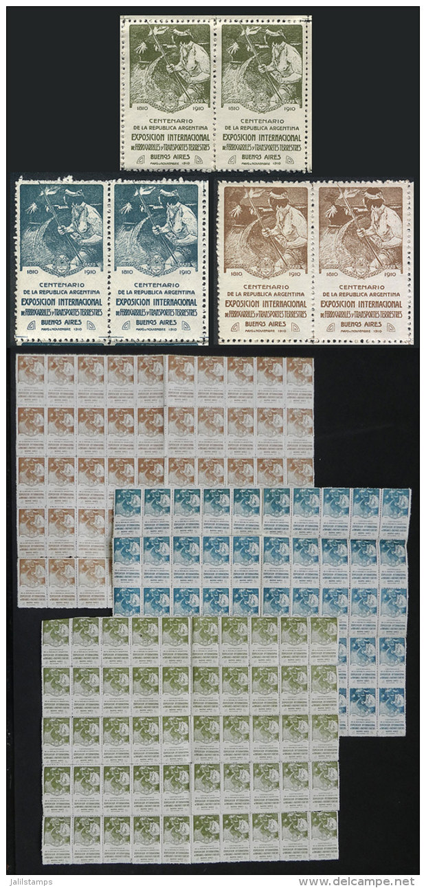 1910, Argentina Centenary Exposition Of Railways And Land Transport, Cinderellas In Chestnut, Green And Blue Each... - Other & Unclassified