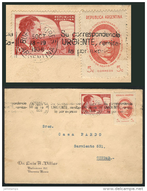 10c. Monument To Mermoz + 5c. Sarmiento, Franking A Cover Used In Buenos Aires On 25/OC/1938, VF Quality.... - Altri & Non Classificati