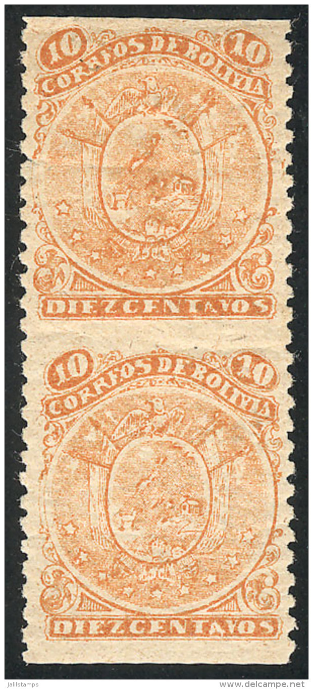 Sc.38, 1893 10c. Coat Of Arms, Lithographed, Vertical Pair IMPERFORATE Horizontally, VF Quality, Unlisted By Scott! - Bolivia