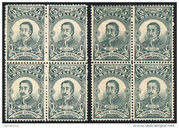 Yvert 48, 1897 5c. Murillo, 2 Blocks Of 4 In Green And Dark Green, VF Quality! - Bolivia